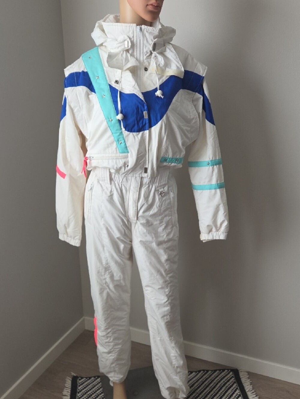Vintage Obermeyer White Ski One-Piece with Blue and Neon Pink & Aqua Accents